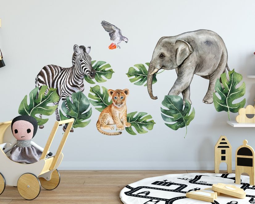 Kids Tropical Animals with Leafs Wall Decal Sticker