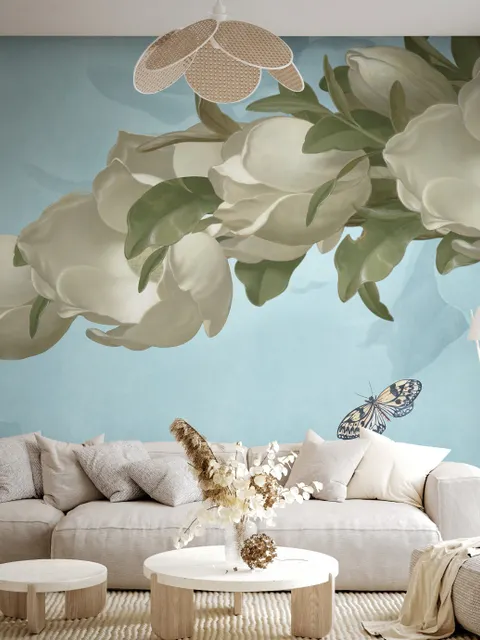 Gardenia Floral and Butterfly Wallpaper Mural