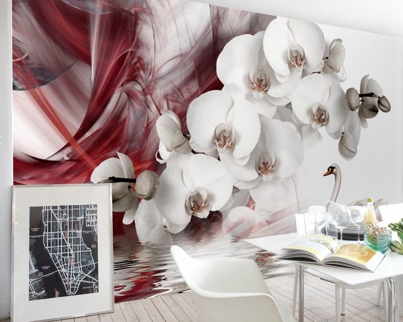 Swan and White Orchid with Red Smoke Pattern Wallpaper Mural