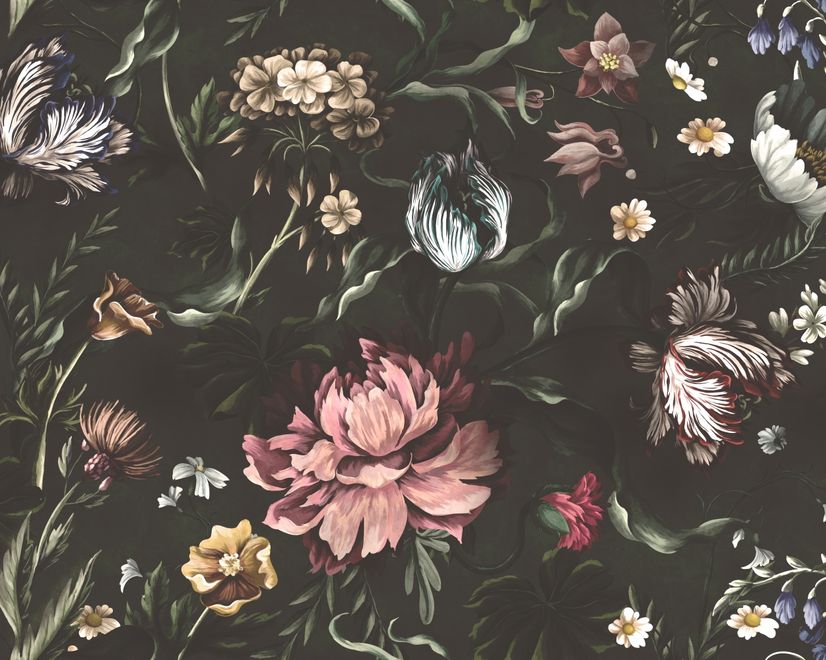Dutch Flower Peony with Tulips Dark Floral Wallpaper Mural