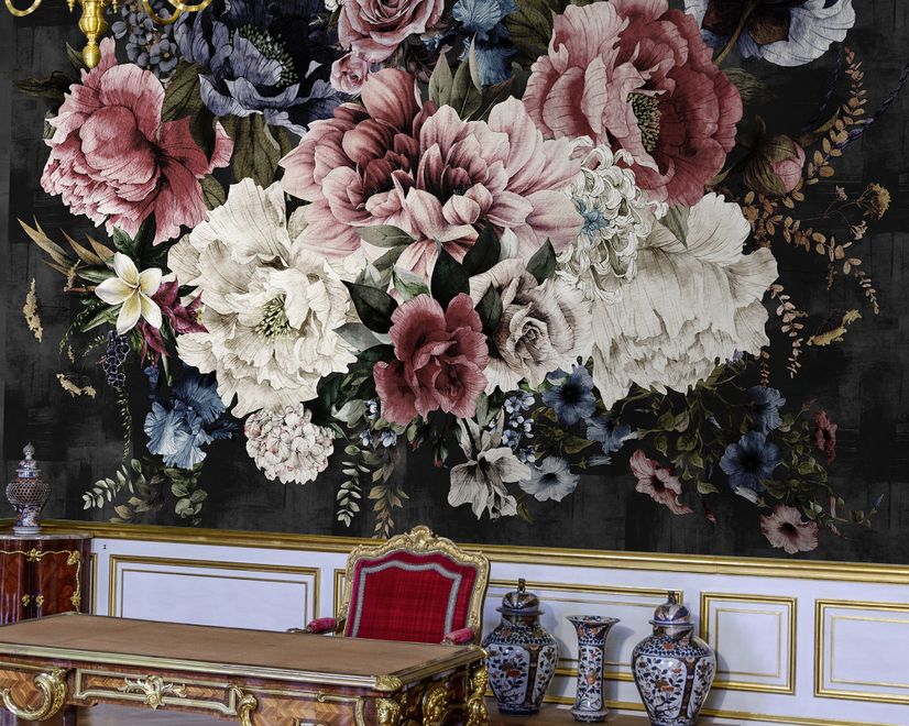 Watercolor Dark Peony Floral Wallpaper Mural