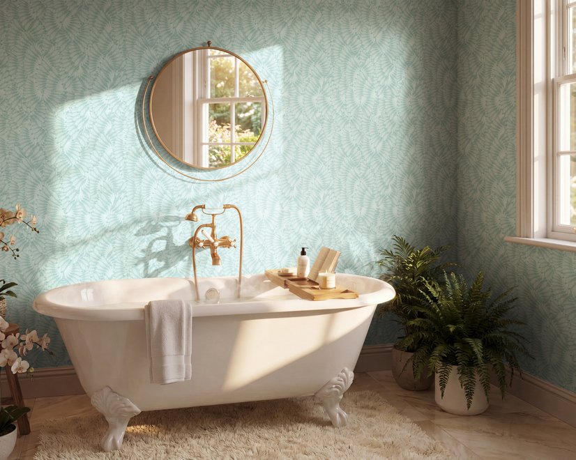 Aqua fern wallpaper with overlapping icy blue palm fronds on a pale aqua ground
