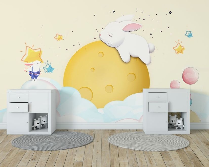 Baby Cartoon Rabbit and Yellow Moon Wallpaper Mural