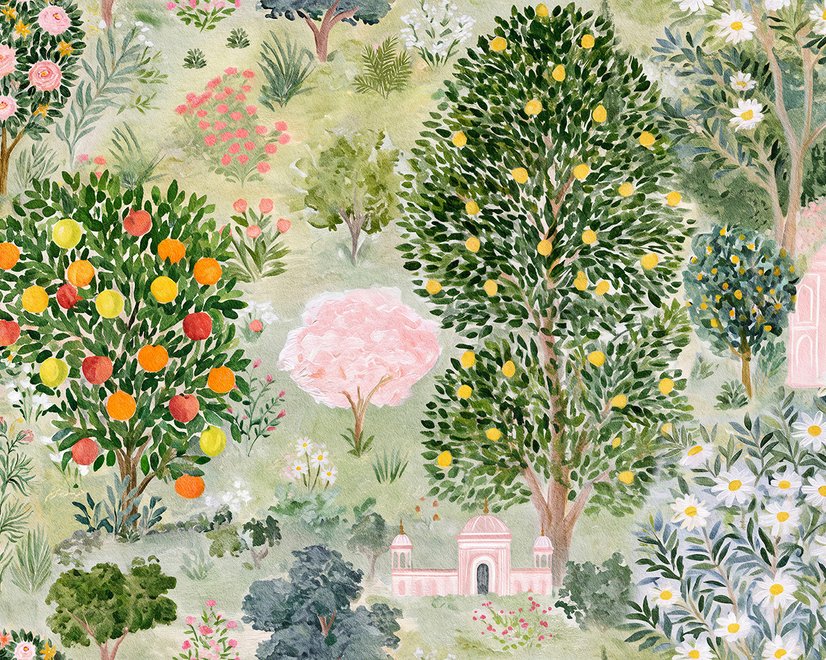 Papier Peint Panoramique Arbres d'Agrumes Aquarelle et Branche Florale