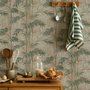 Vintage bamboo wallpaper with sage and smoky blue-green leaves on a warm taupe ground