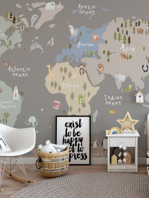 Papier peint carte du monde colorée avec animaux pour enfants