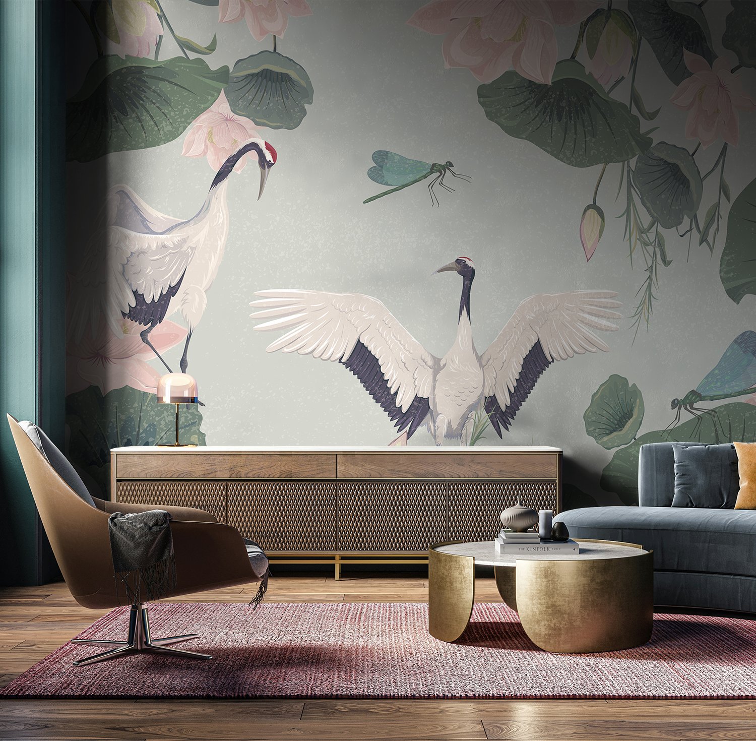 Pink Lotus Flower and White Stork Wallpaper Mural - Peel and Stick