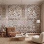 Antique wallpaper mural with Art Nouveau floral tile panels, sepia borders and blush botanical medallions