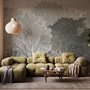 Light gray wallpaper mural with layered ink-wash woodland trees, falling leaves and birds