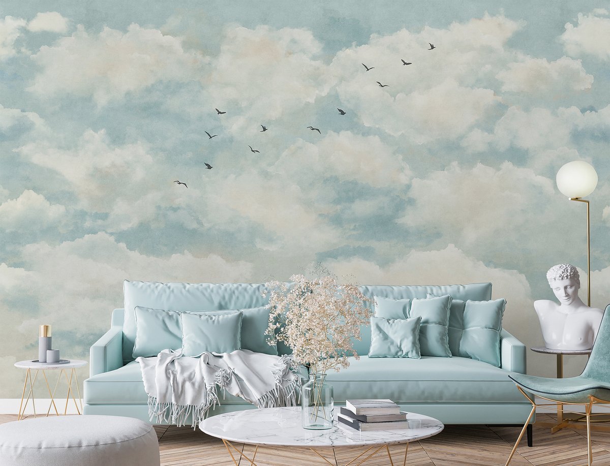 Abstract Clouds with Birds Wallpaper Mural - Peel and Stick
