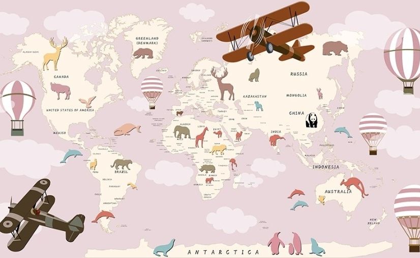 For Kids Pink World Map with Vintage Aircraft and Hot Air Balloon Wallpaper Mural