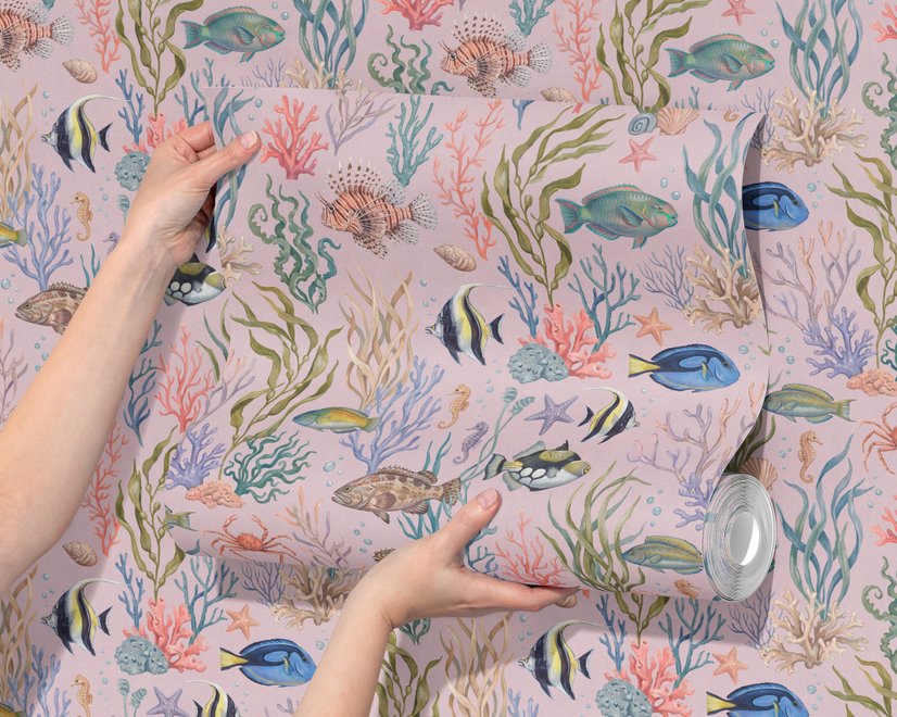 Cute pink seashell wallpaper with watercolour reef fish, coral, seaweed, starfish and shells on blush pink