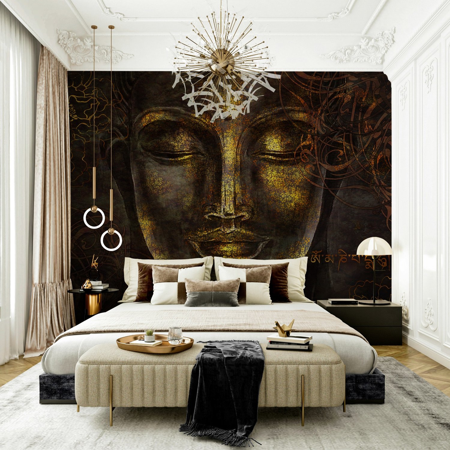 Buddhist Art Gold Style 3D Look Buddha Wallpaper Mural - Peel and Stick