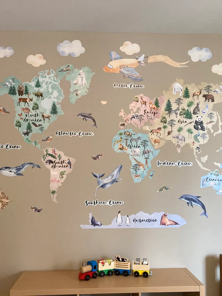 Kids Watercolor World Map Wall Decal Sticker