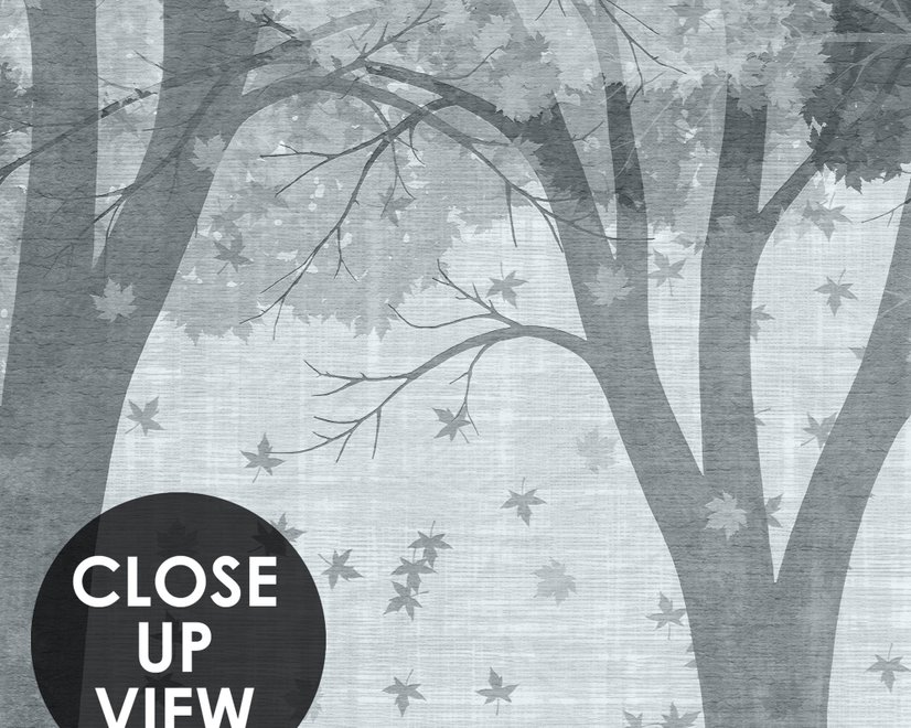 Light gray wallpaper mural with misty forest trees, falling leaves and birds