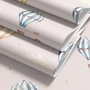 Hot air balloon nursery room wallpaper with watercolour balloons, clouds and stars on a soft blush-pink ground