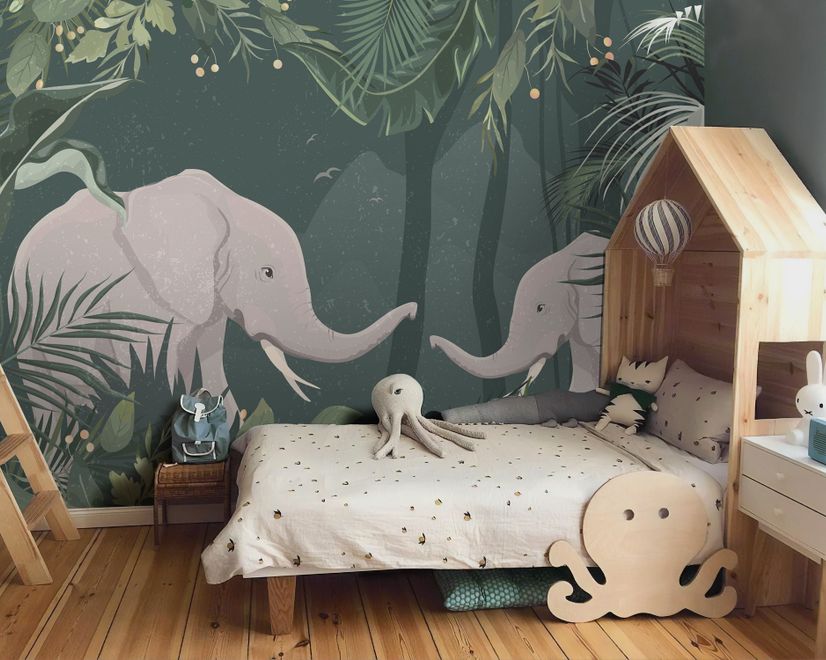 Papier peint éléphants mignons jungle tropicale enfants