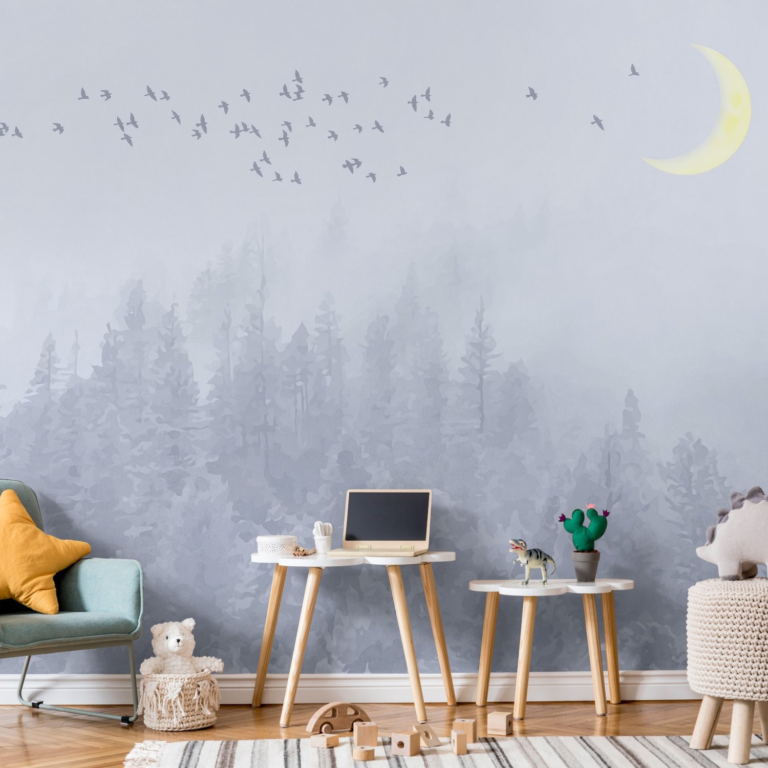 Monochrome Night Forest and Birds Wallpaper Mural - Peel and Stick
