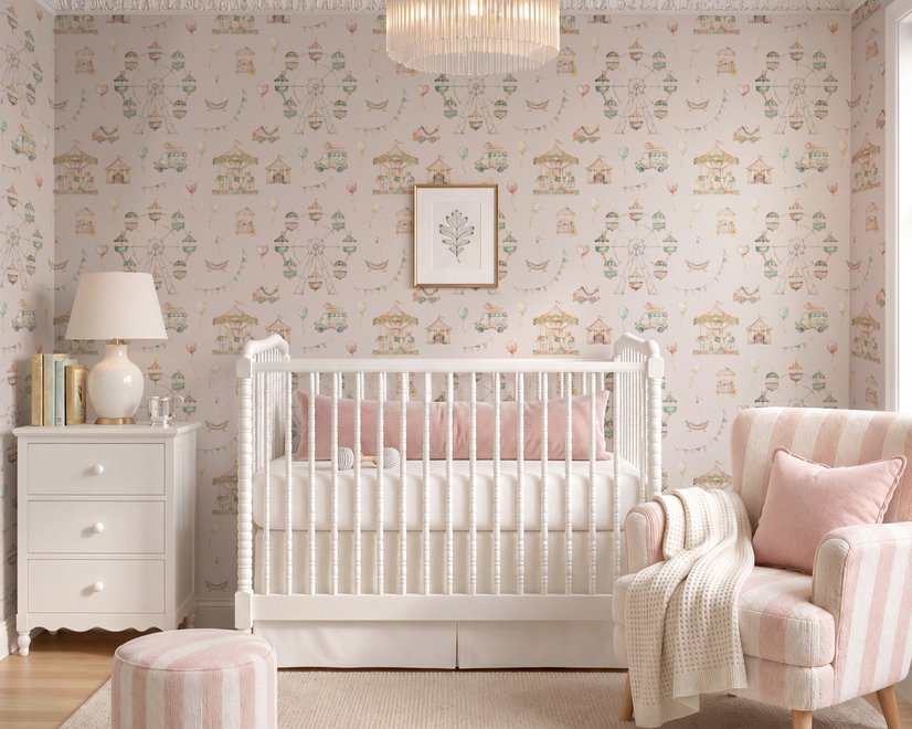 Children's playroom wallpaper with pastel Ferris wheel, carousel horses, tents and balloons on blush pink