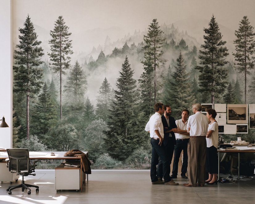 Misty mountain wallpaper mural with tall pine trees, layered green forest and pale foggy ridges