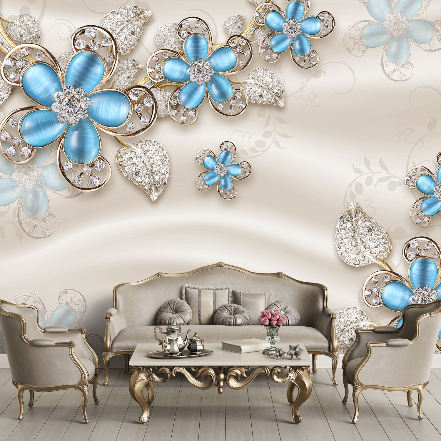 Blue Floral with Jewellery Leaf Wallpaper Mural - Peel and Stick