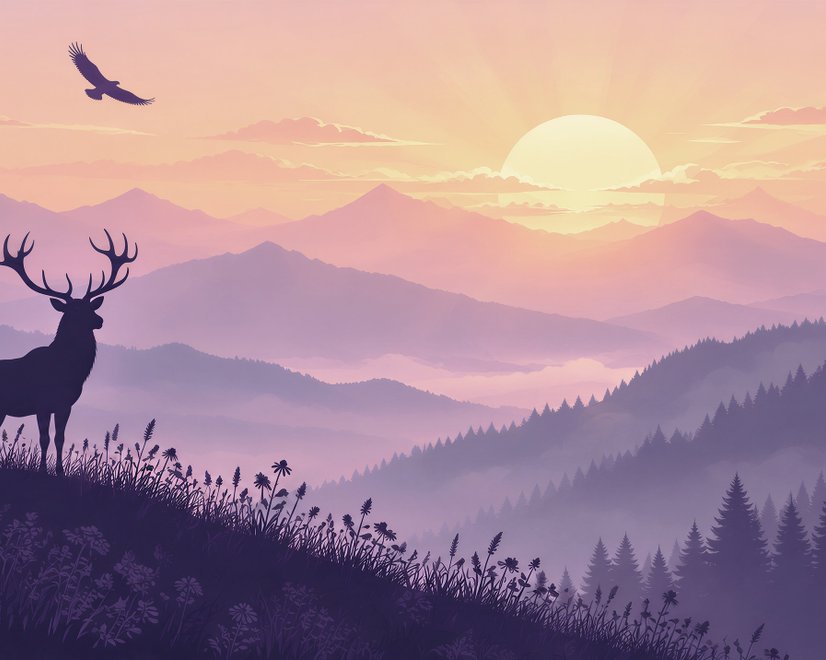 Stag mountain wallpaper with a navy deer silhouette, lavender pine ridges and a pale golden sun