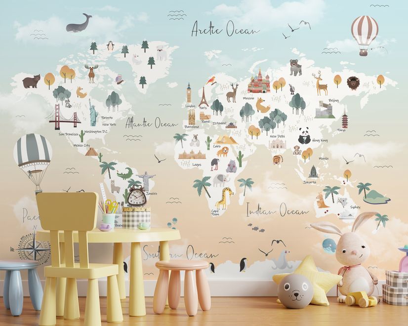 Papier peint carte monde rose animaux mignons ballons enfants