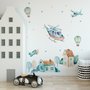Kids Cartoon Village for Boys Watercolor Aircraft and Hot Air Balloon Wall Decal Sticker