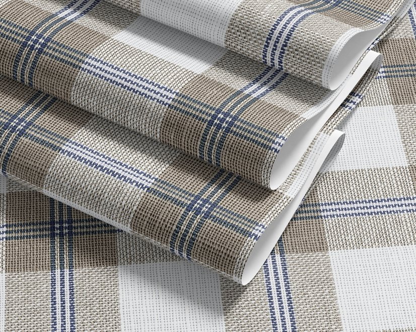 Beige, oat and cream-white plaid wallpaper with fine navy-blue stripes and printed linen texture
