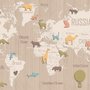 Kids Wooden Style World Map with Colorful Animal Silhouette Wallpaper Mural