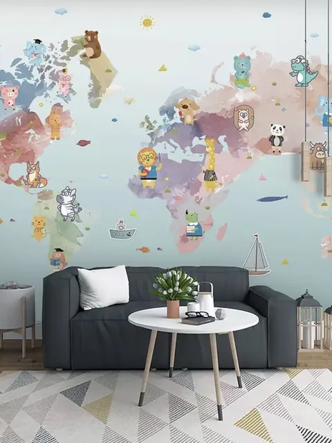 Pink Purple World Map with Animals Wallpaper Mural