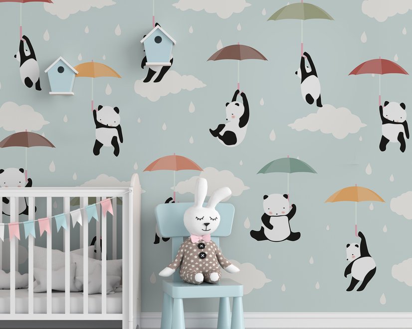 Kinder-Fototapeten mit Pandas und buntem Regenschirm