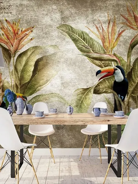 Papier peint panoramique nostalgique Toucan dans la forêt tropicale