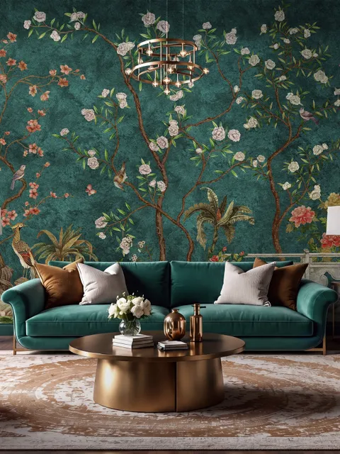 Floral wallpaper with birds in a teal chinoiserie garden with blossoms, pheasant, palms and stone railings