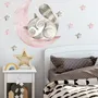 Nursery Cute Raccun and Watercolor Pink Gray Stars Wall Decal Sticker