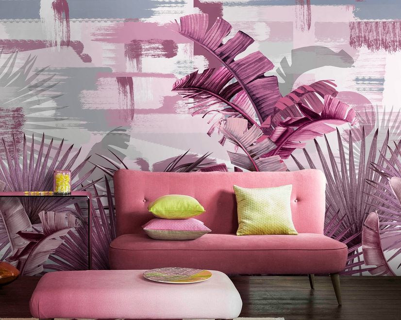 Tropical Leaf Painting with Brush Strokes Wallpaper Mural