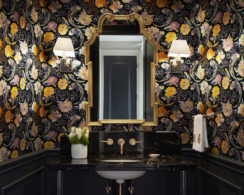 Japanese art wallpaper pattern with koi fish, gold peonies, mauve flowers and grey clouds on black