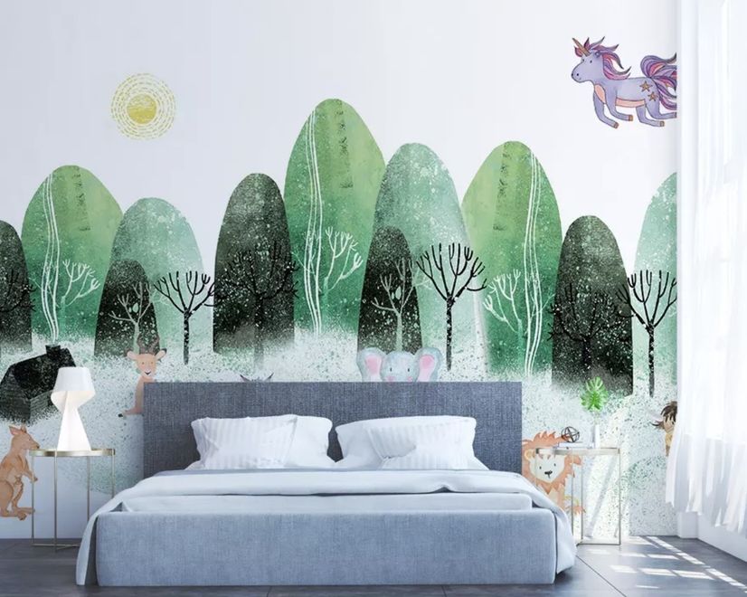Watercolor Cartoon Trees and Animals Wallpaper Mural