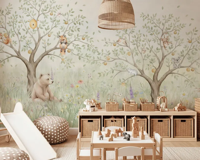 Kids Soft Pastel Forest Animals Wallpaper Mural