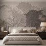 Misty forest nature wallpaper mural in greige, taupe and charcoal watercolour with birds