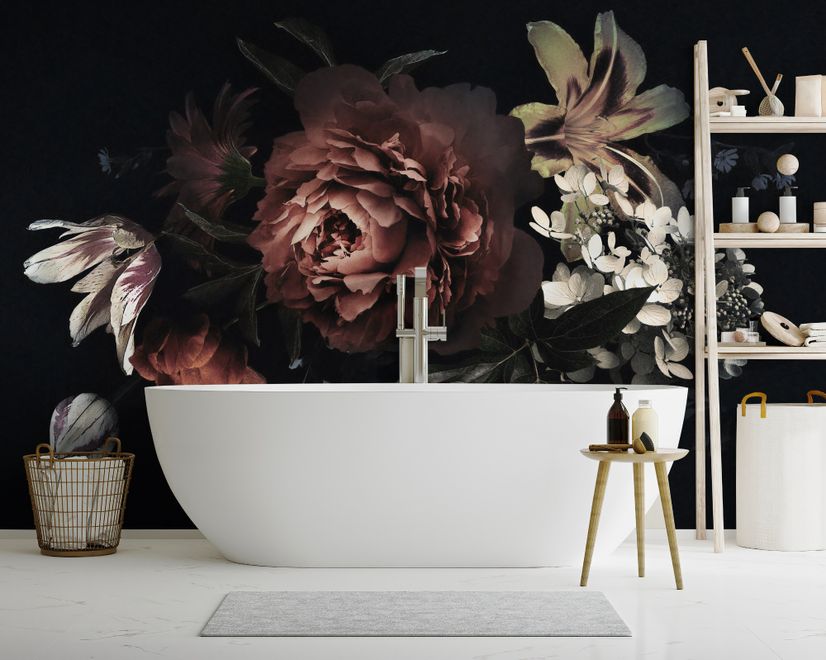 Dark Floral Bouquet with Red Peony and Lily Wallpaper Mural