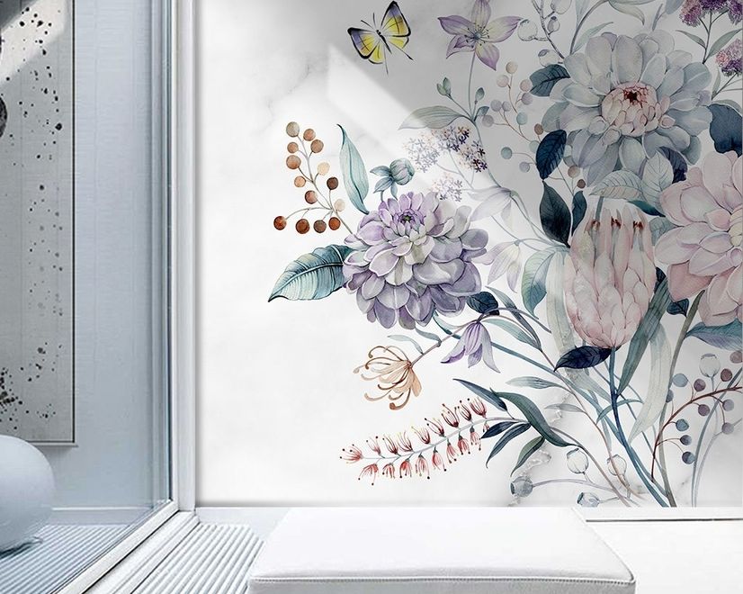Soft Victorian Floral and Yellow Butterfly Wallpaper Mural