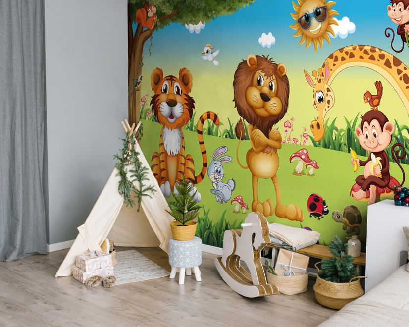 3D Look King Lion and Wild Animals Wallpaper Mural