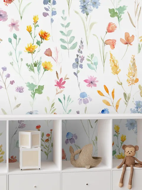 Watercolor Colorful Botanical Wild Flower Wallpaper Mural