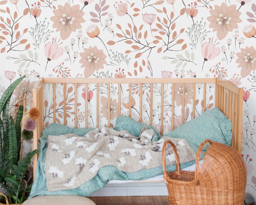 Kids Soft Light Pink / Blue Wildflowers Floral Pattern Wallpaper Mural