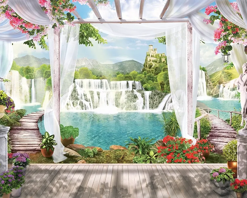 3D Look Waterfall Landscape and Scenic Garden Wallpaper Mural