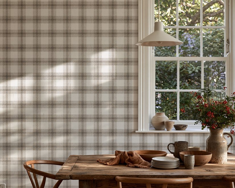 Neutral beige and brown plaid wallpaper with cream squares, taupe woven blocks and fine dark brown lines