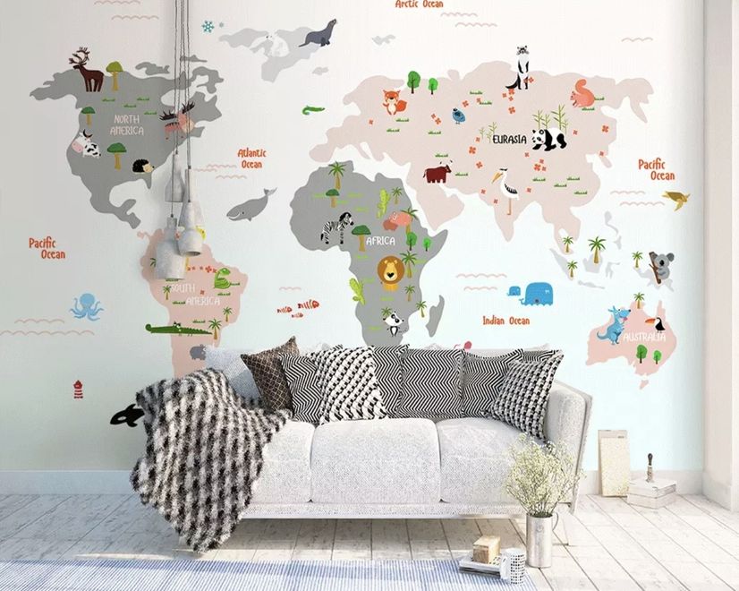 Colorful Kids World Map with Cartoon Animals Wallpaper Mural