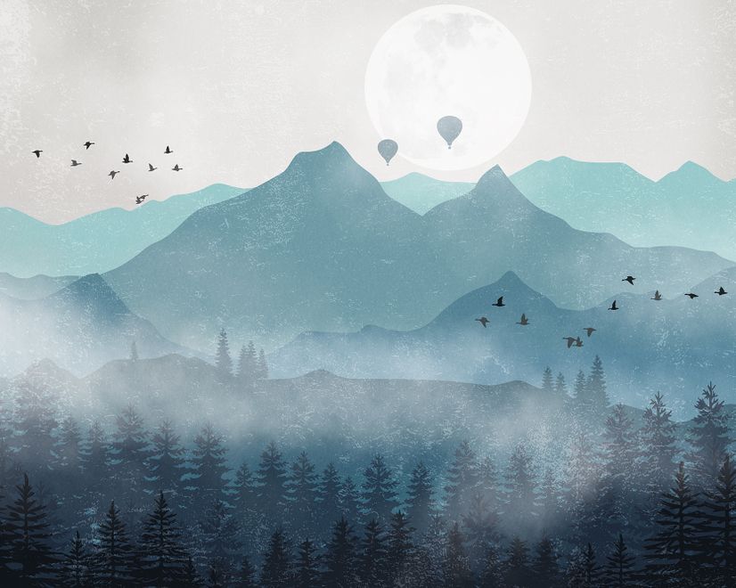 Misty Mountain Landscape with Moon Wallpaper Mural