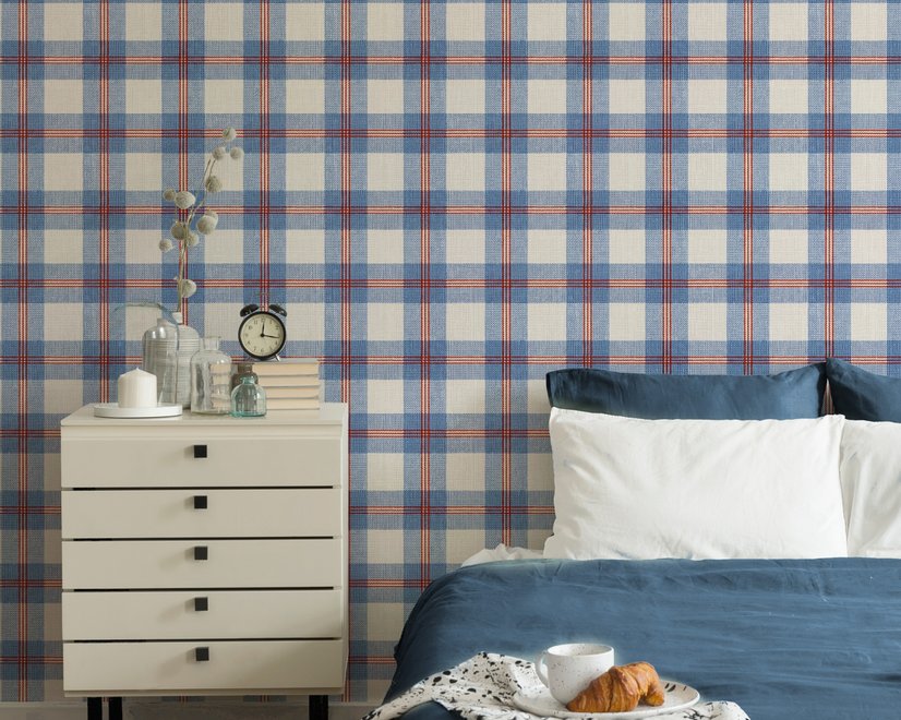 Blue and red plaid wallpaper with denim blue, cream and sky blue woven checks and fine red stripes